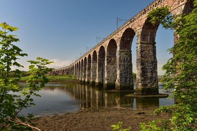 Arch bridge over river against sky