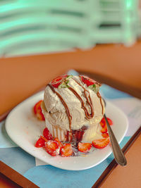 Close-up of dessert in plate on table