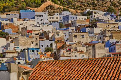 High angle view of buildings in town