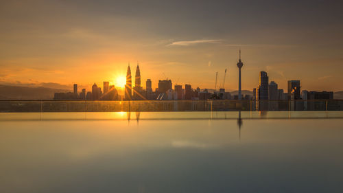 View of city at waterfront during sunset