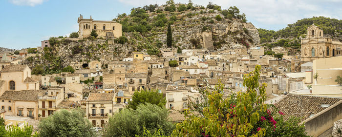 Extra wide aerial landscape of scicli with beautiful historic buildings in the baroque style