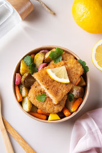 High angle view of food in plate on table