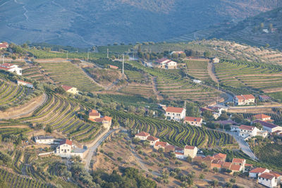 High angle view of agricultural field by buildings