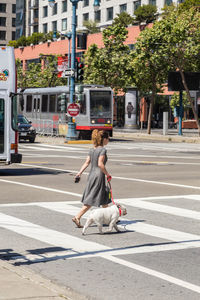 Woman with dog on road in city