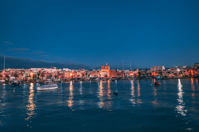 City at waterfront against blue sky