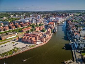 High angle view of buildings in city, aerial view of the old town in gdansk, poland.