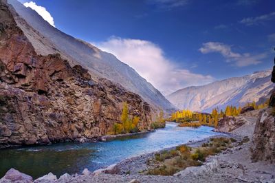 Scenic view of river amidst mountains against sky