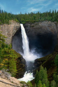 Scenic view of waterfall in forest against sky