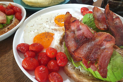 High angle view of breakfast served on table