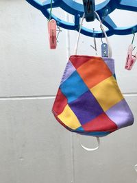 High angle view of flags hanging against wall