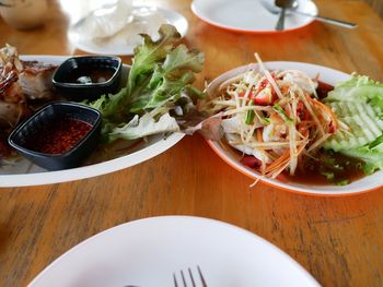 High angle view of meal served on table