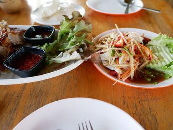 High angle view of meal served on table