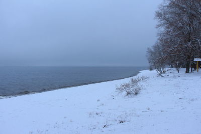 Scenic view of sea against clear sky during winter