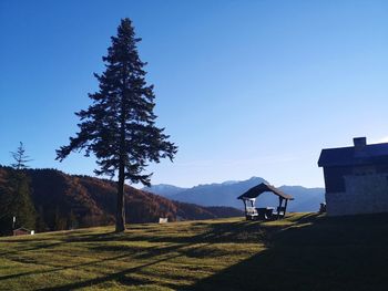 Scenic view of mountains against clear blue sky