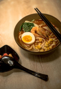 High angle view of food in bowl on table