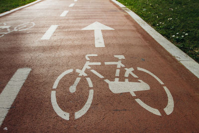 High angle view of bicycle lane with arrow symbol at park