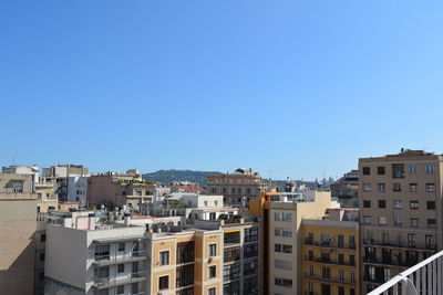 Buildings in city against clear blue sky