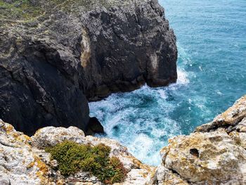 High angle view of rocks on sea shore