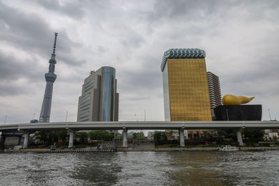 Buildings at waterfront against cloudy sky