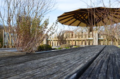 Close-up of built structure with bare trees in background