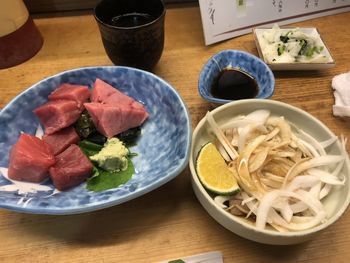 High angle view of meal served on table