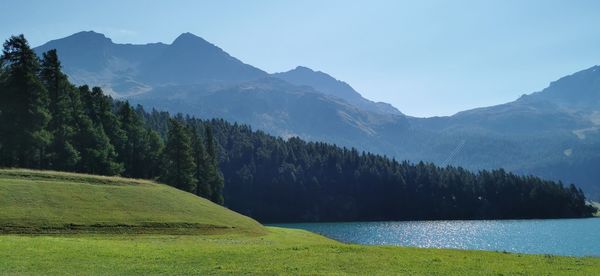 Scenic view of lake and mountains against sky