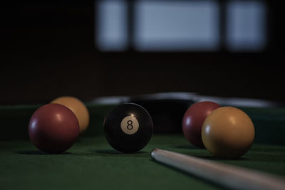 Close-up of pool balls on table