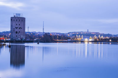 Buildings reflecting in sea