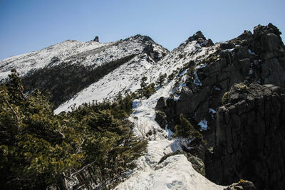 Low angle view of snowcapped mountains against clear sky