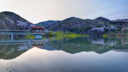 Scenic view of lake by mountains against sky