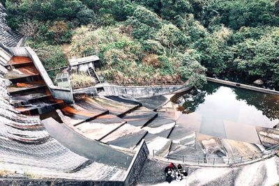 High angle view of person by river