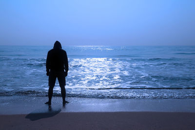 Rear view of man on beach against sky