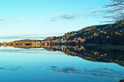 Scenic view of lake by trees against sky