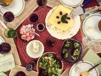 High angle view of meal served on table