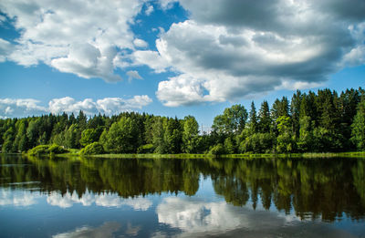 Trees and sky reflecting on calm lake