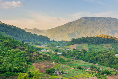 Scenic view of mountains against sky during sunset