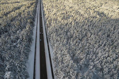 Aerial view of asphalt highway leading through frosty winter forests and groves covered with snow