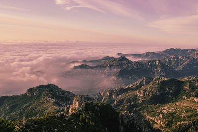 Scenic view of mountains against sky during sunset