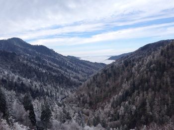 Scenic view of mountains against cloudy sky