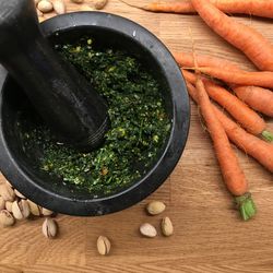 Directly above shot of mortar and pestle on table