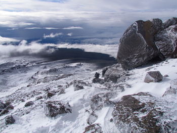 Scenic view of snowcapped mountains by sea against sky