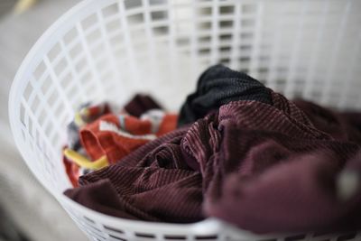 Close-up of clothes in laundry basket