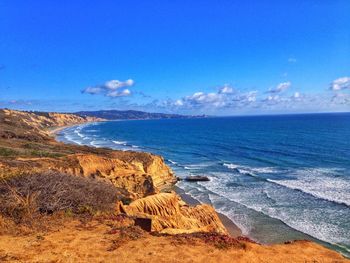 Scenic view of sea against blue sky