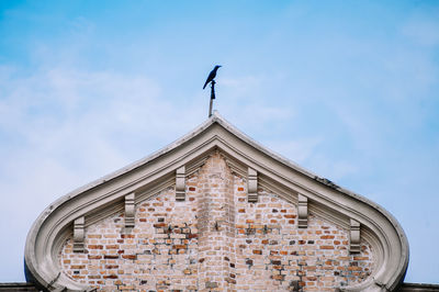 Low angle view of raven perching on old building against sky