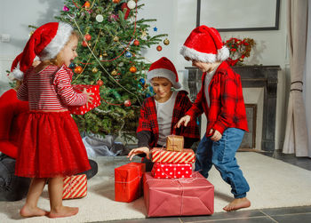 Rear view of woman holding christmas tree