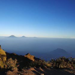 Scenic view of mountains against clear blue sky