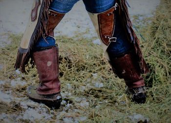Low section of man wearing shoes standing on field