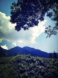 Scenic view of mountains against cloudy sky
