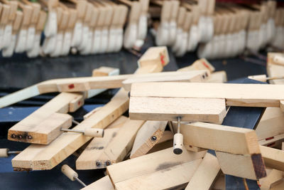 High angle view of stack of table