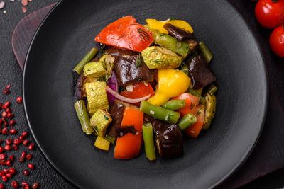 High angle view of food in plate on table